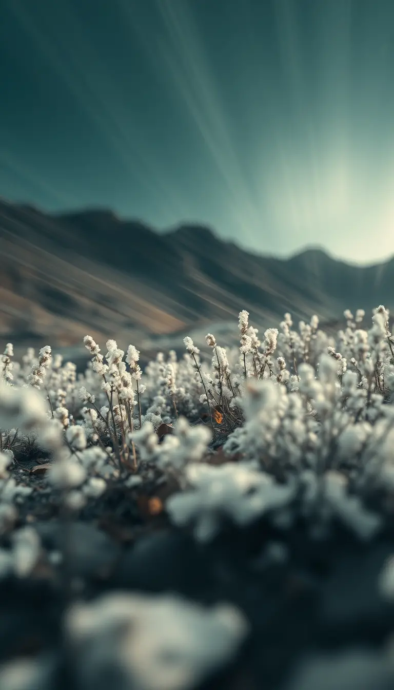 Ethereal snow growing in a mysterious desolate landscape
