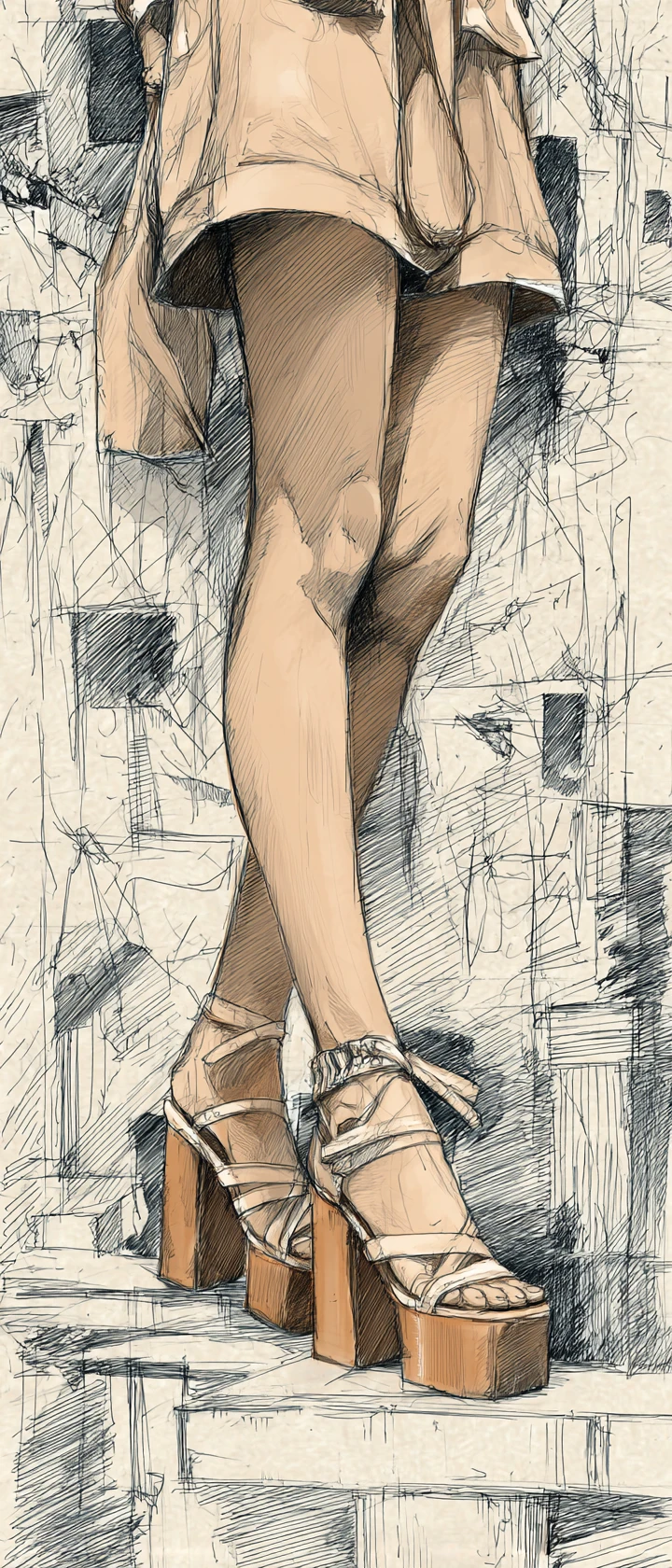 Close up of woman in chunky heel flats and mini skort