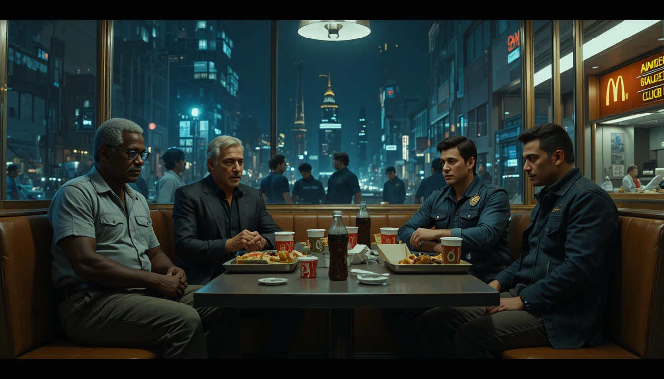 Quatre hommes réunis dans une banquette de McDonald’s la nuit