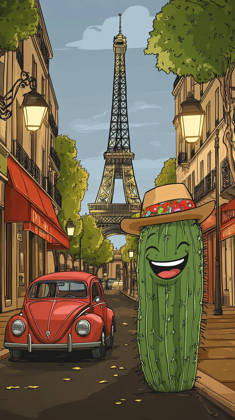 Laughing cactus with Mexican hat by the Eiffel Tower