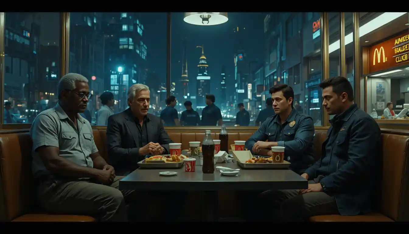 Four men gathered in a McDonalds booth at night