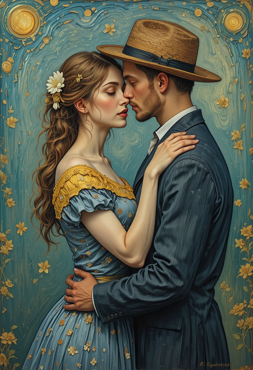 Couple amoureux s’enlaçant tendrement dans une peinture impressionniste