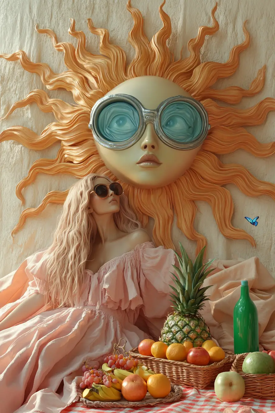 Whimsical woman at picnic with anthropomorphic sun