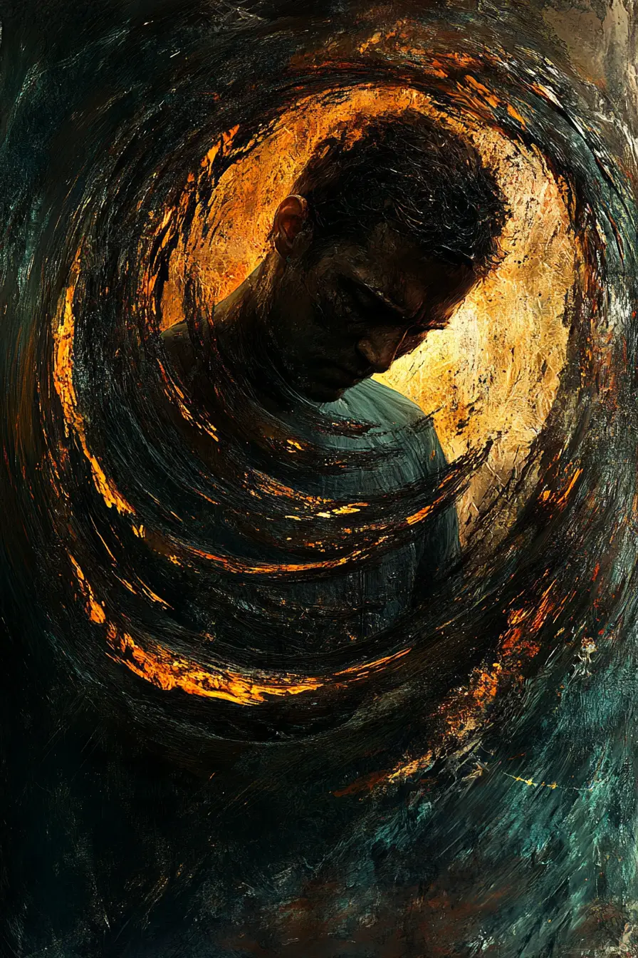 Man in a dark spiraling abstract background