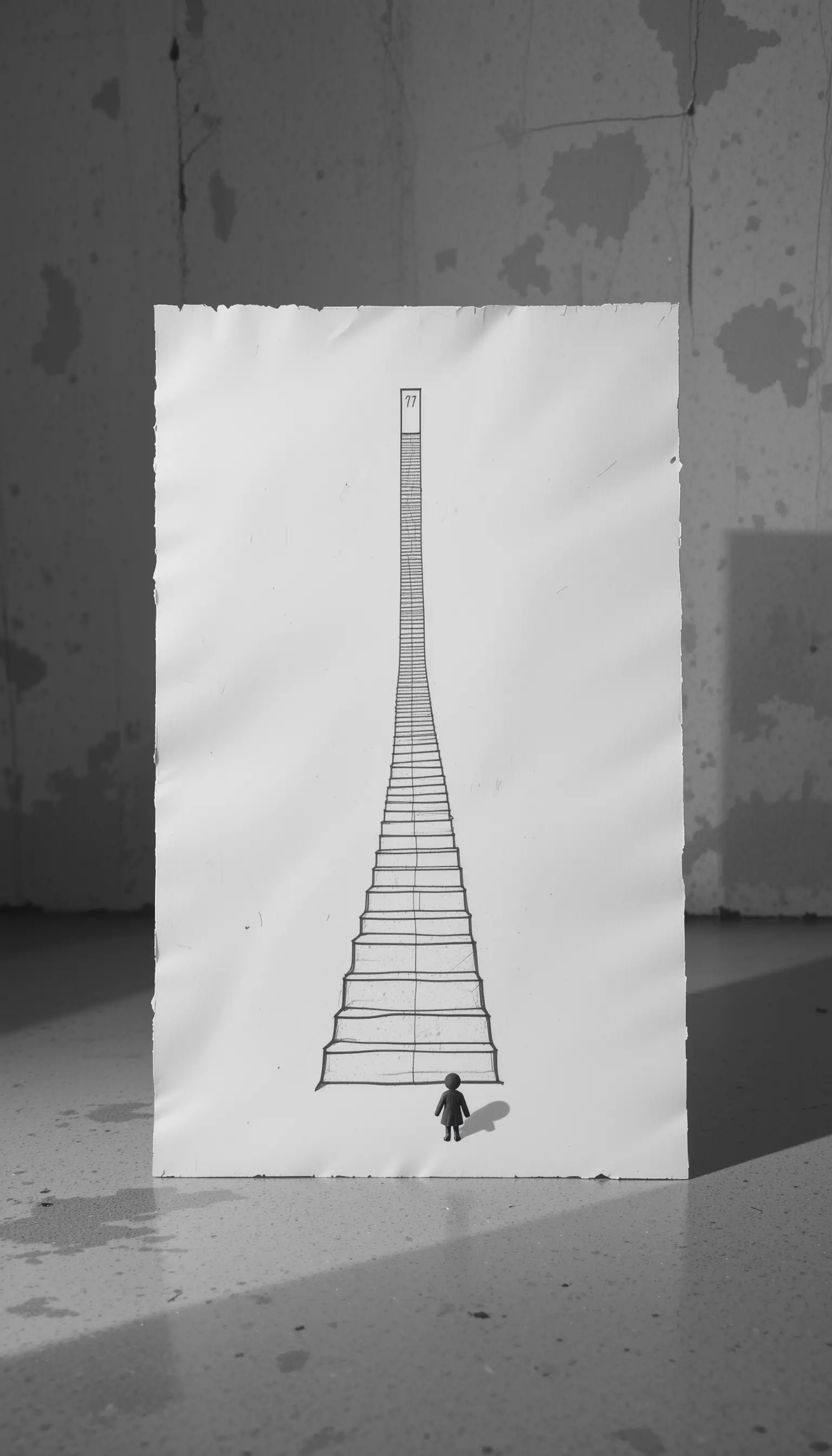 Upright paper with endless pencil staircase and tiny figure