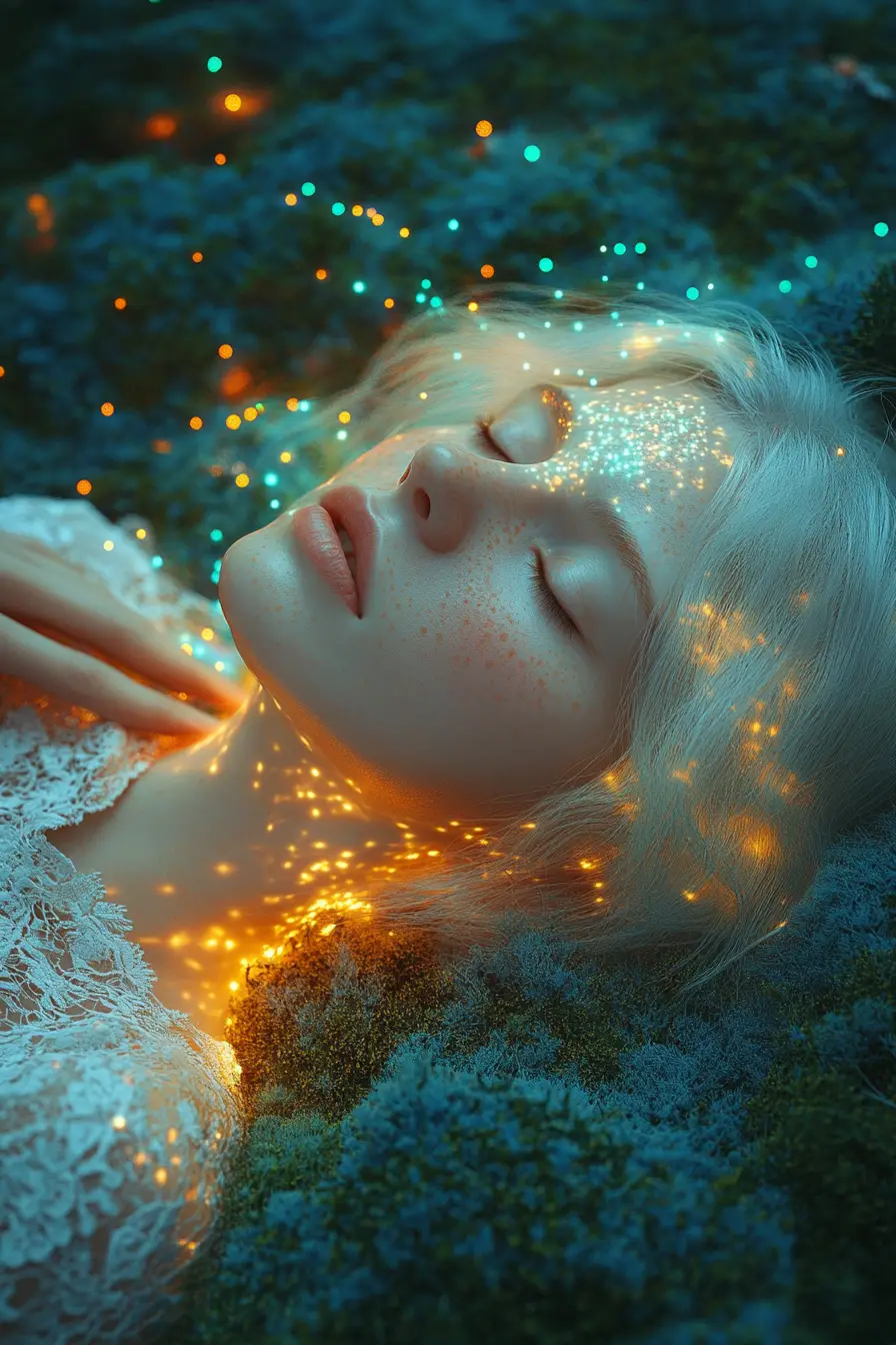Ethereal woman in glowing moss under a magical sky