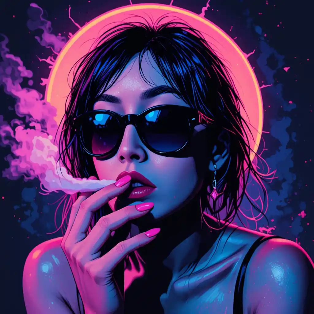 Pop art woman in sunglasses smoking under a bright sun