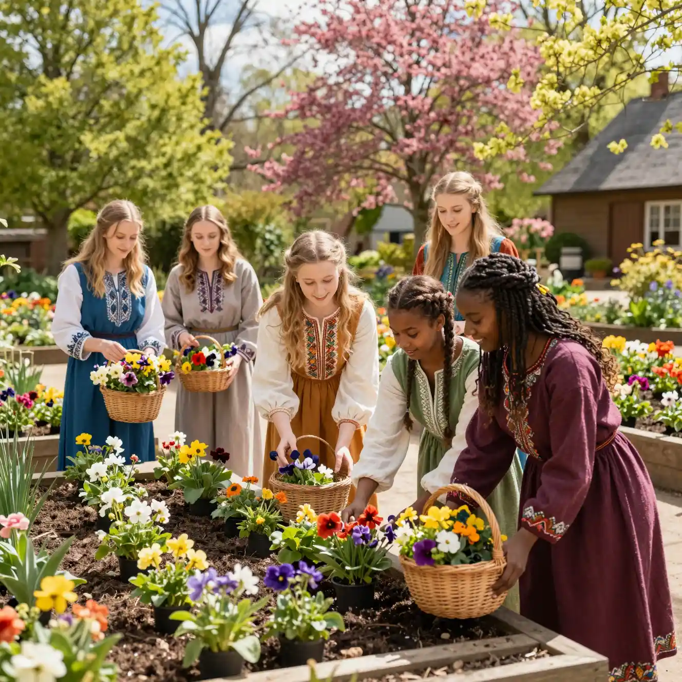 Women planting flowers in a sunny village courtyard garden