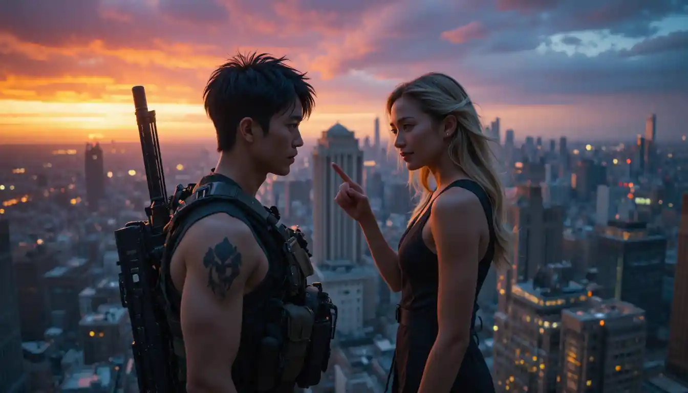 Tense rooftop standoff at sunset between armed man and woman