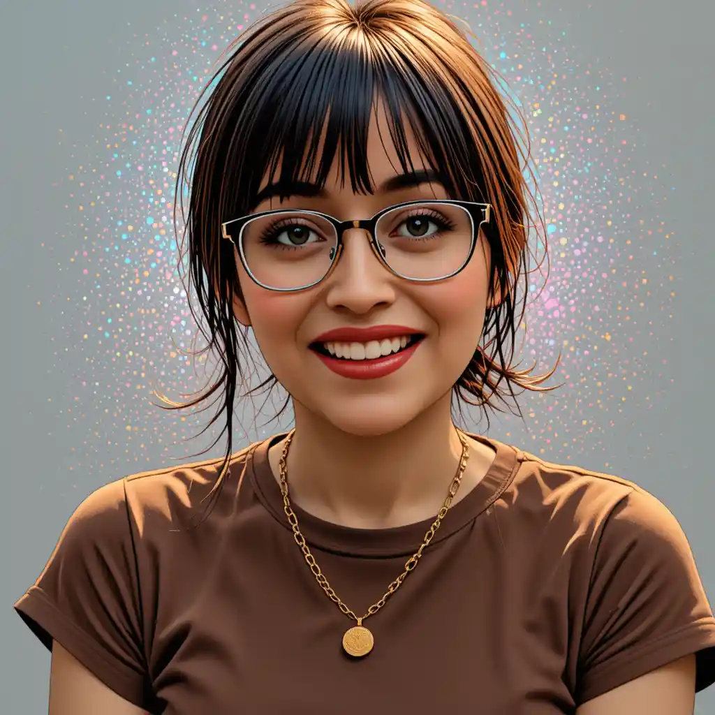 Ritratto pop art di una donna sorridente con occhiali e collana