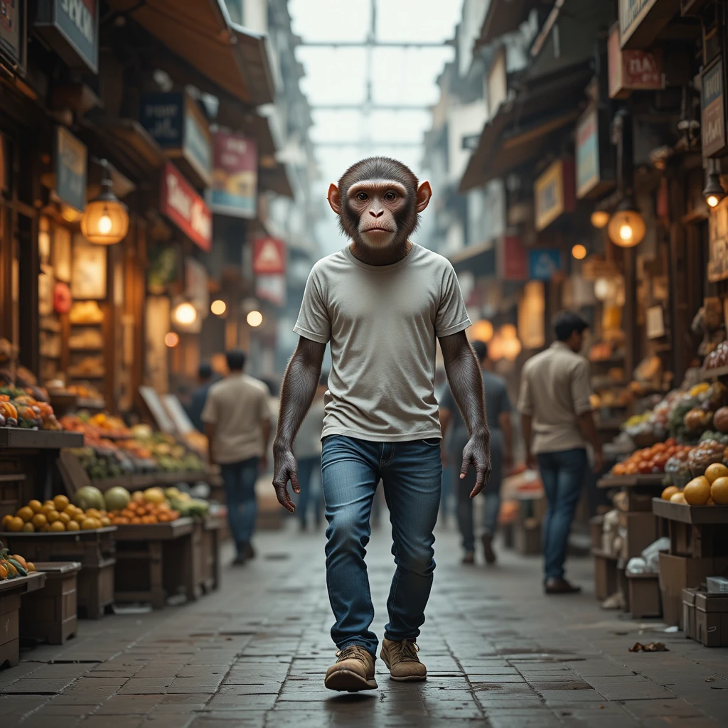 Singe réaliste marchant debout dans un marché de rue bondé