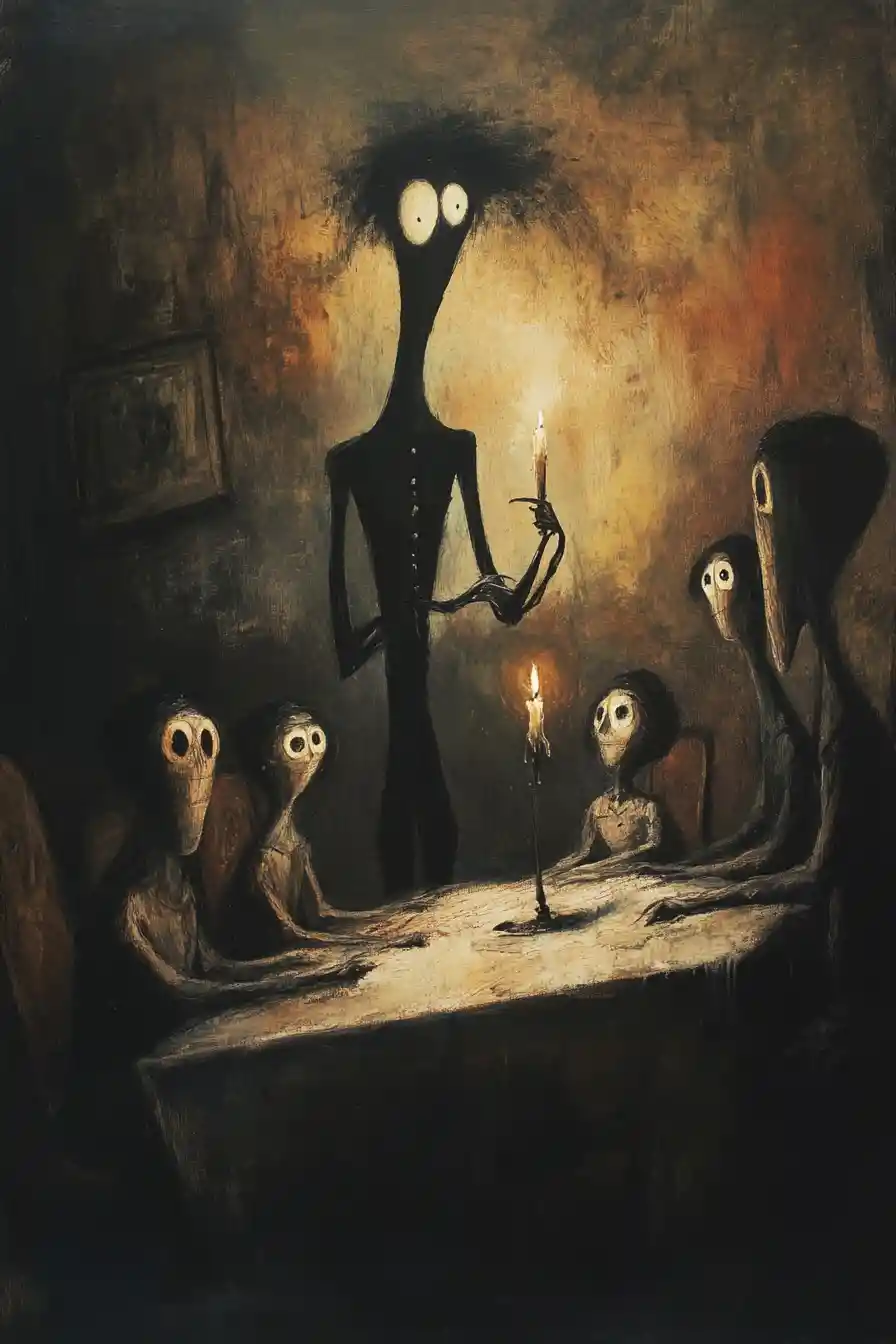 Man With Candle Lighting Figures Around A Dark Table