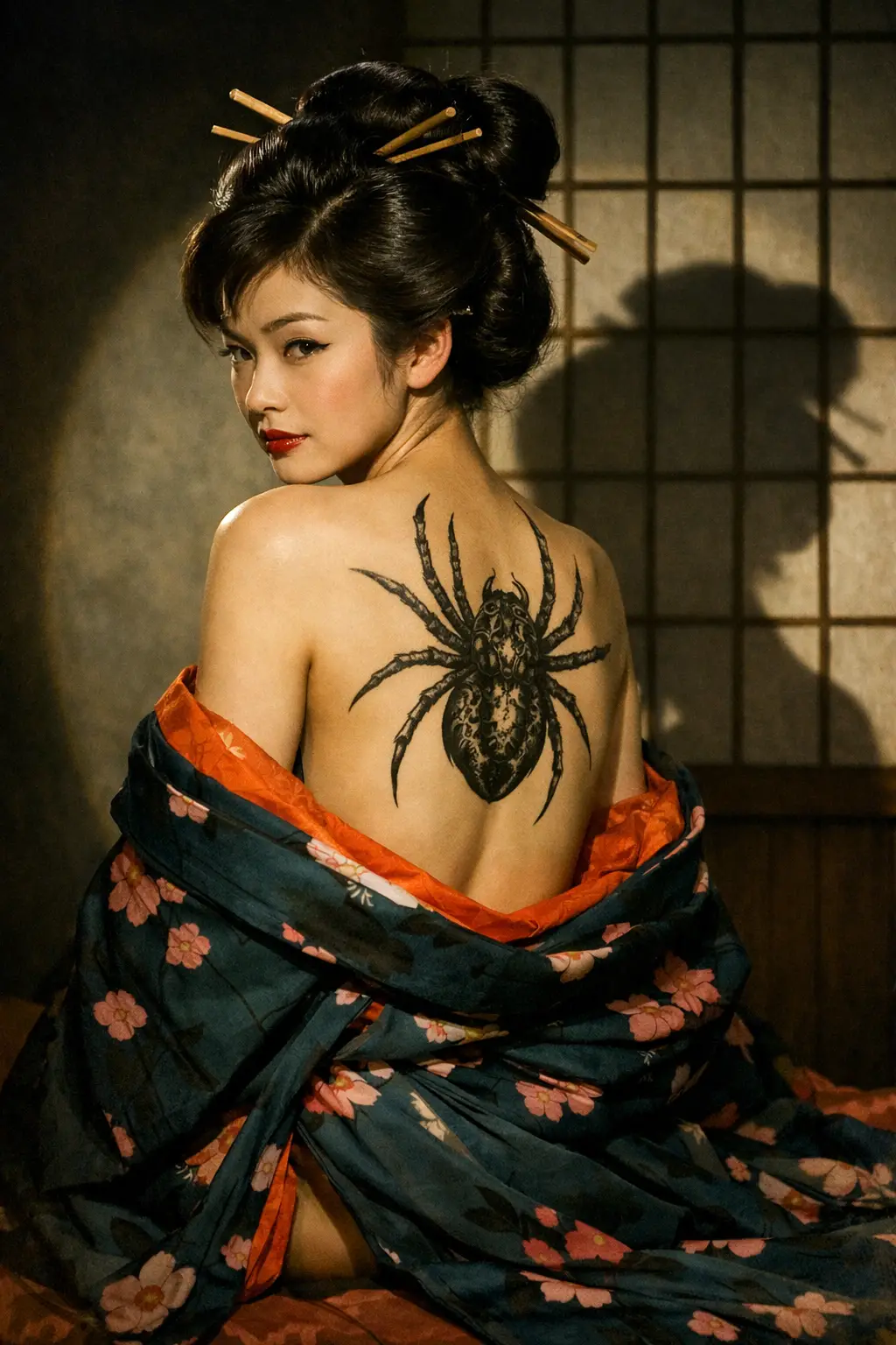 Japanese woman in teal kimono with spider tattoo