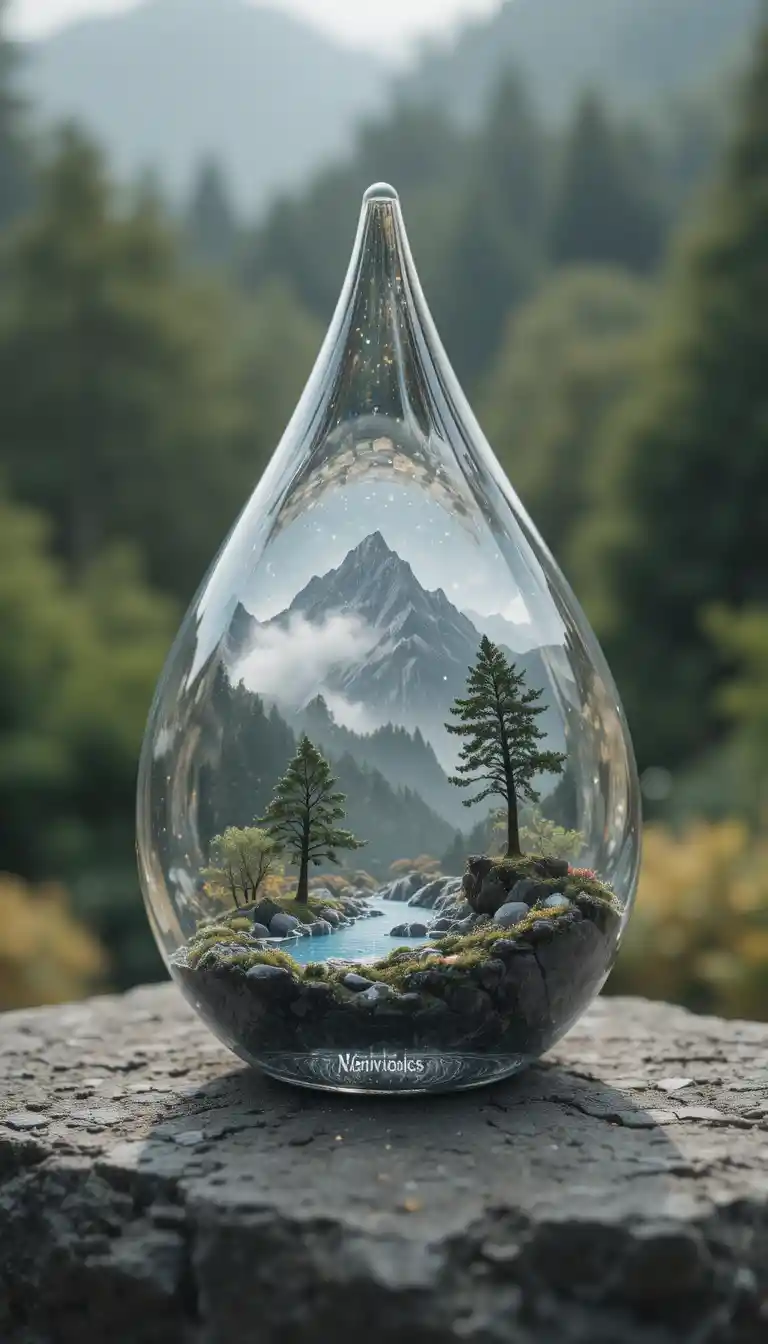 Glass teardrop sculpture holding a tiny tranquil landscape