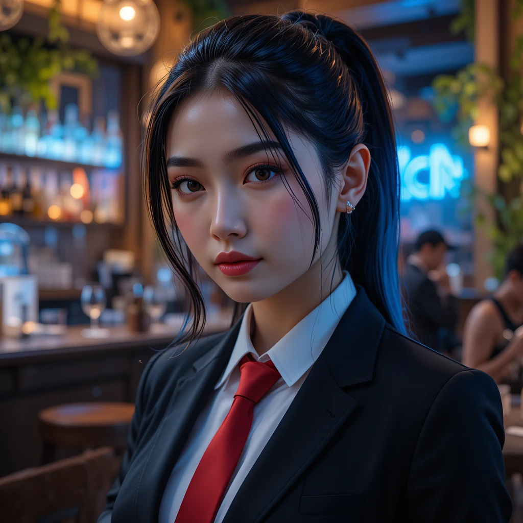 Confident woman in black suit at lively bar party