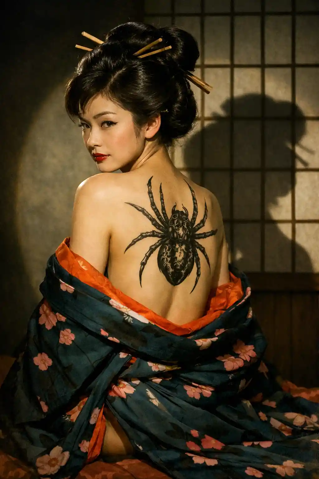 Japanische Frau im türkisfarbenen Kimono mit Spinnentattoo