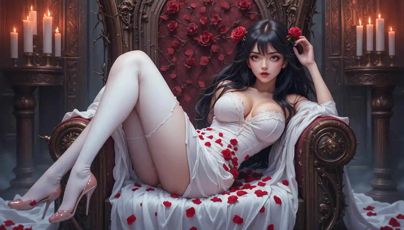 Seductive anime woman on a thorned throne with candles