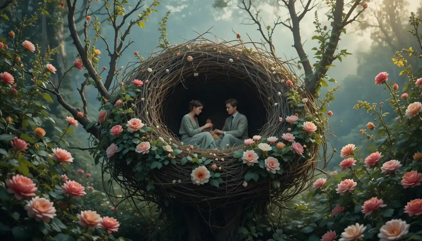 Human couple resting in a nest under starry meadow sky