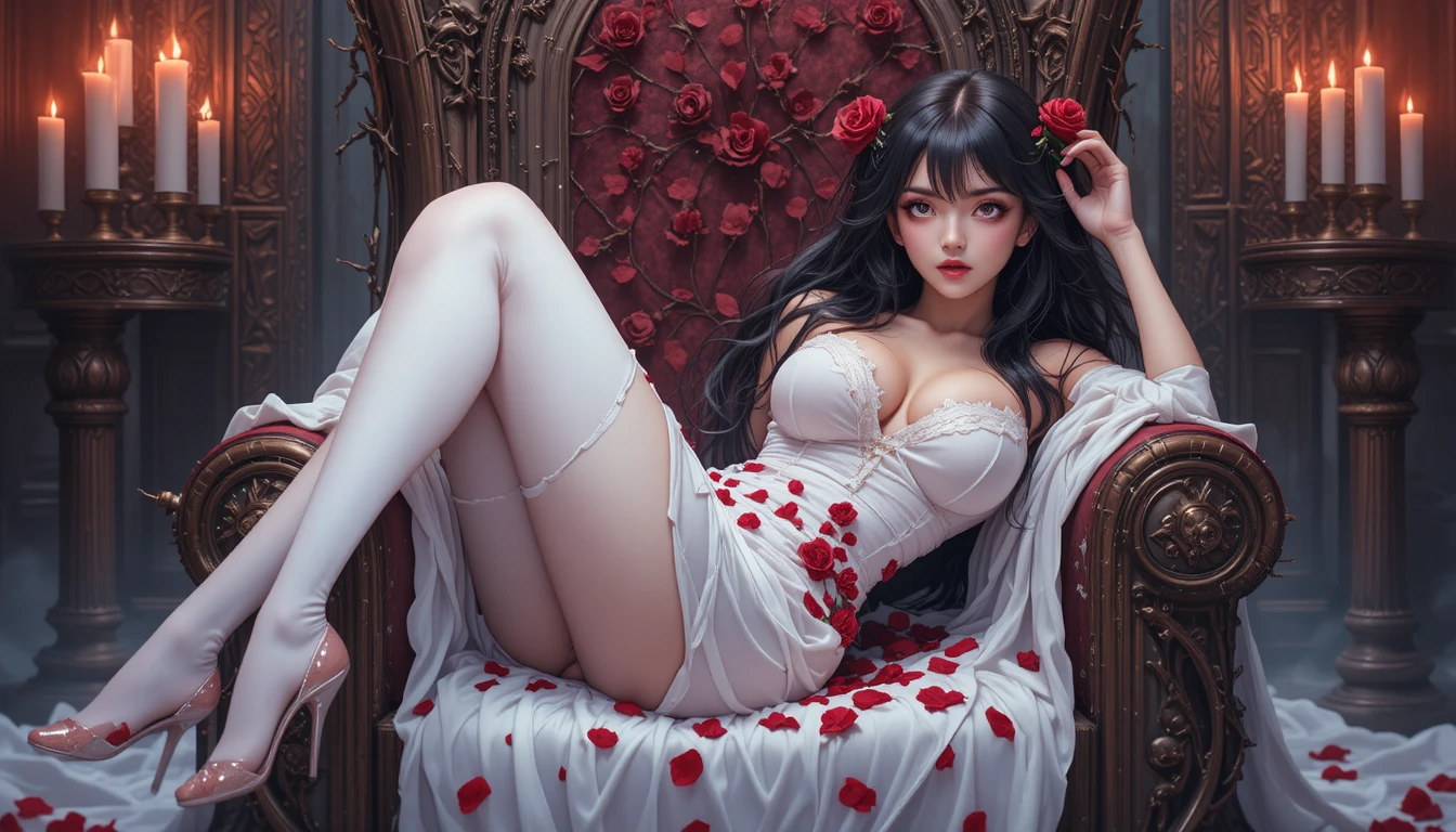 Seductive anime woman on a thorned throne with candles