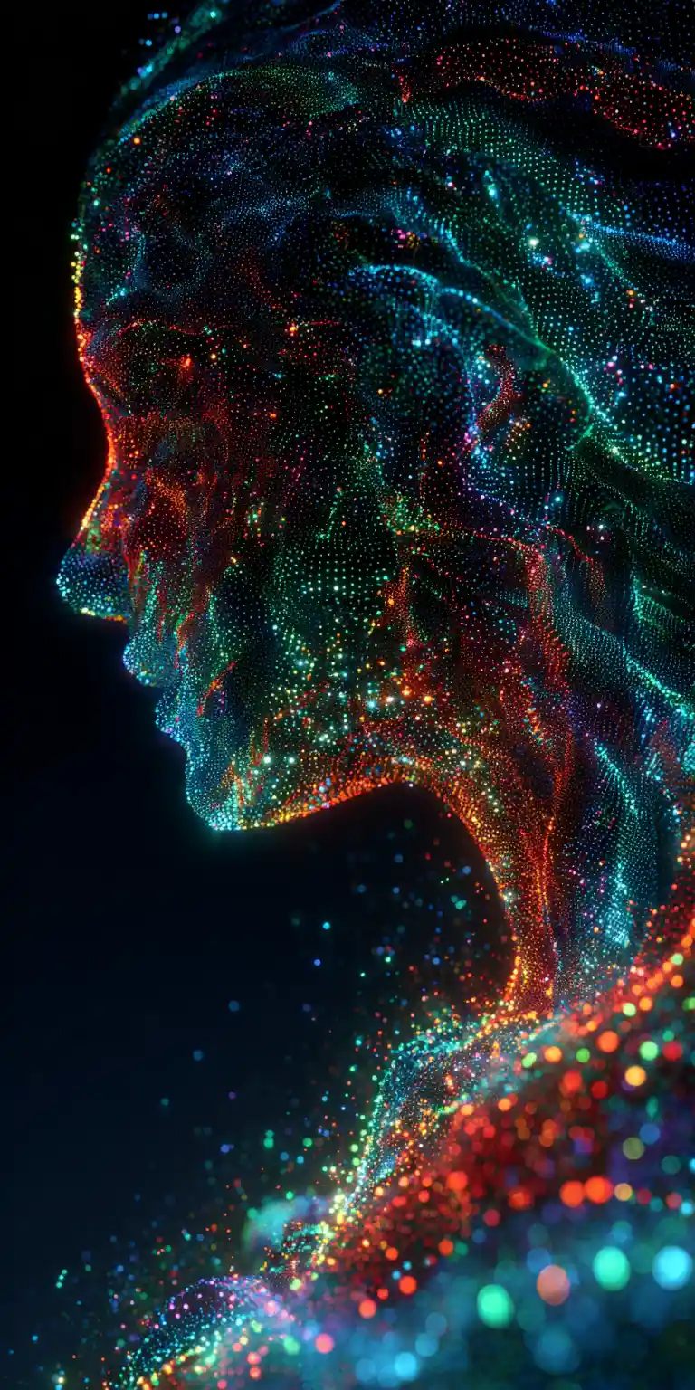Vivid digital silhouette of color and flowing binary code