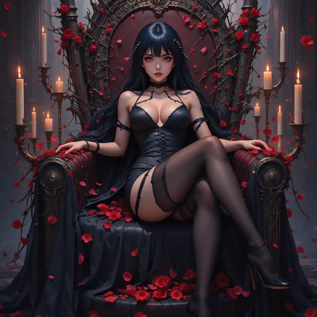 Seductive Anime Woman On Thorned Throne With Candlelight