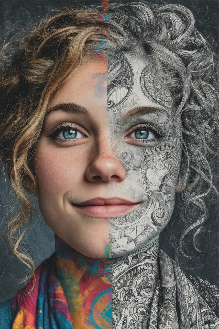 Mixed media portrait of a young woman with doodled hair