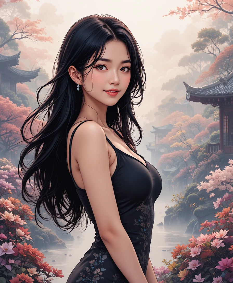 Graceful Asian woman in black tank top in misty garden