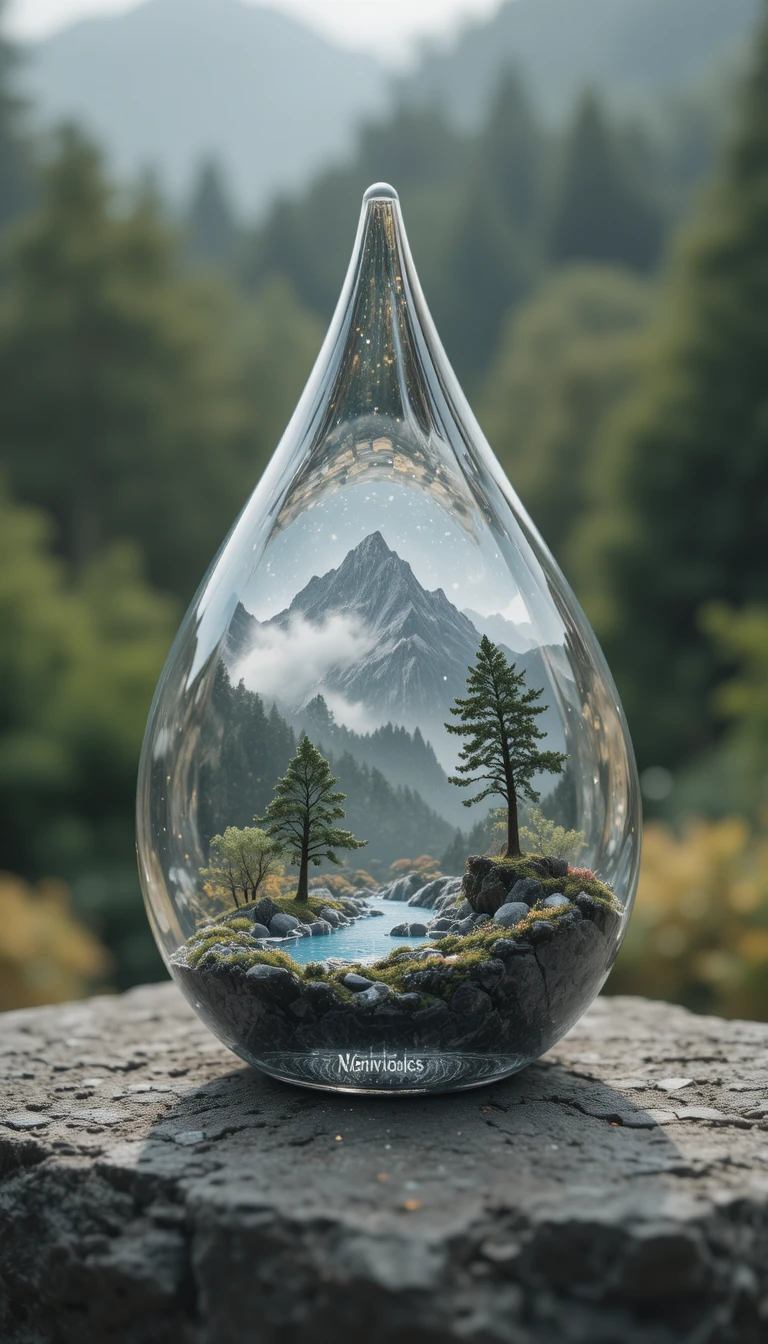 Gläserne Tropfenskulptur mit einer winzigen, friedlichen Landschaft