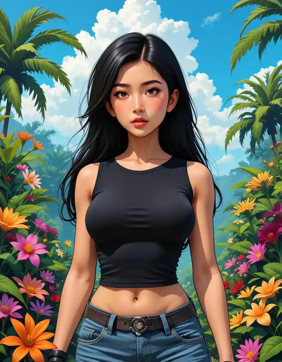 Cynical woman in black shirt in a lush tropical garden