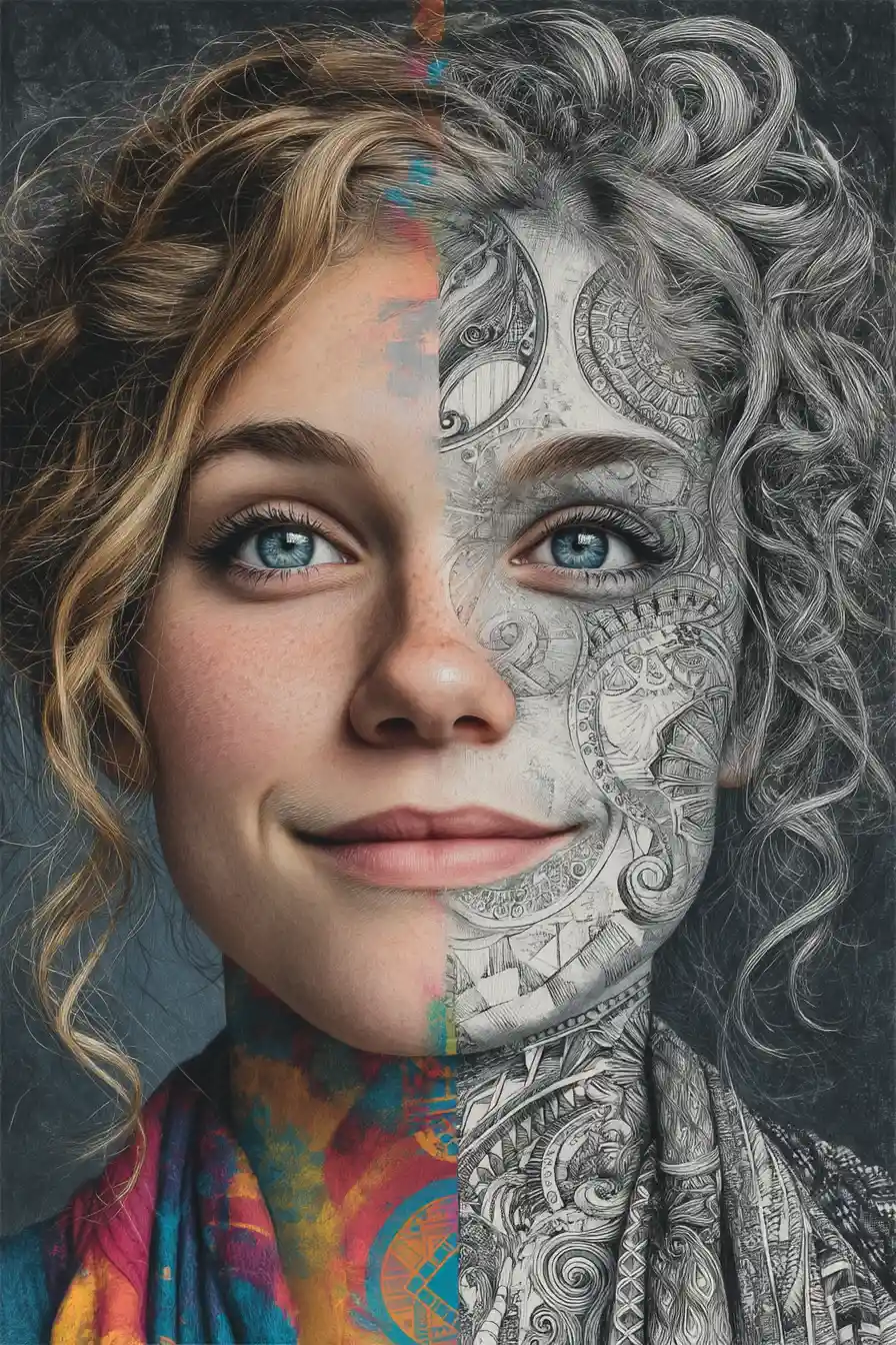 Mixed media portrait of a young woman with doodled hair