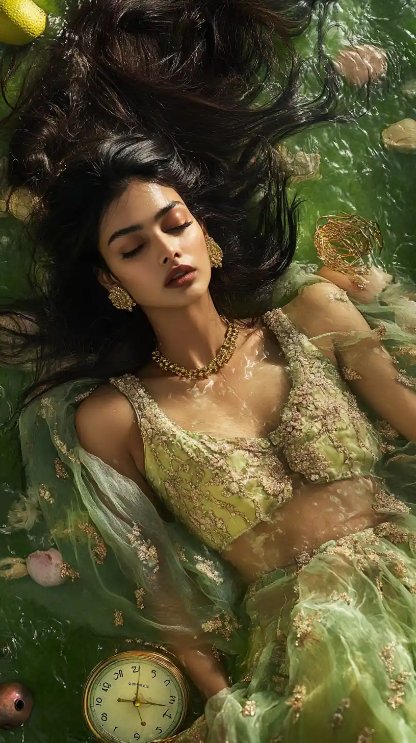 Indisches Supermodel fällt in surreale grüne Modeszene