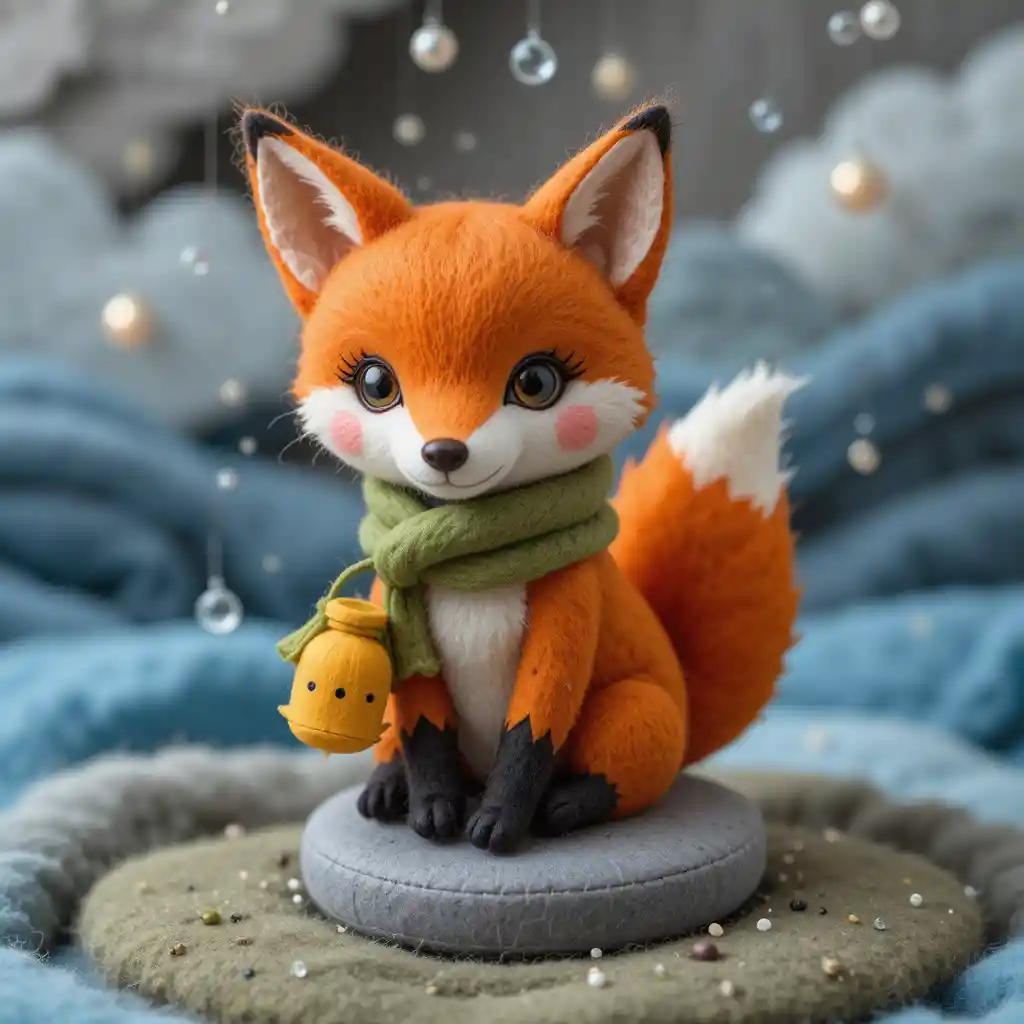 Tiny felt fox with lantern on a small stool