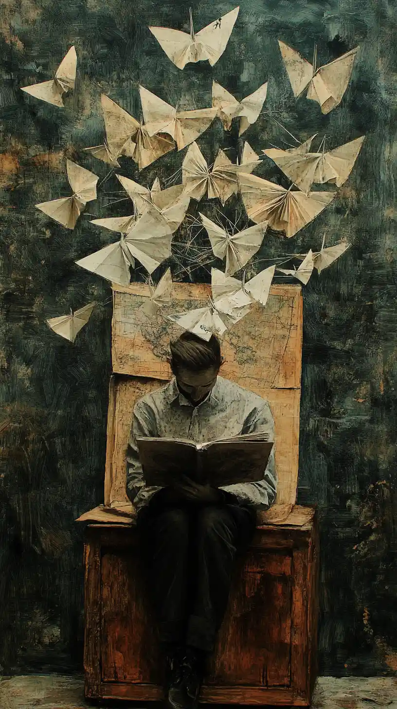 Surreal atlas resting on a trunk in an abstract space