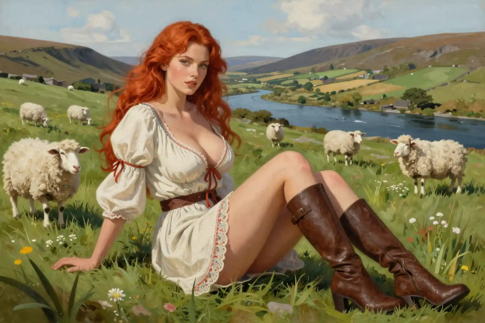 Red haired woman in a short dress in Irish countryside