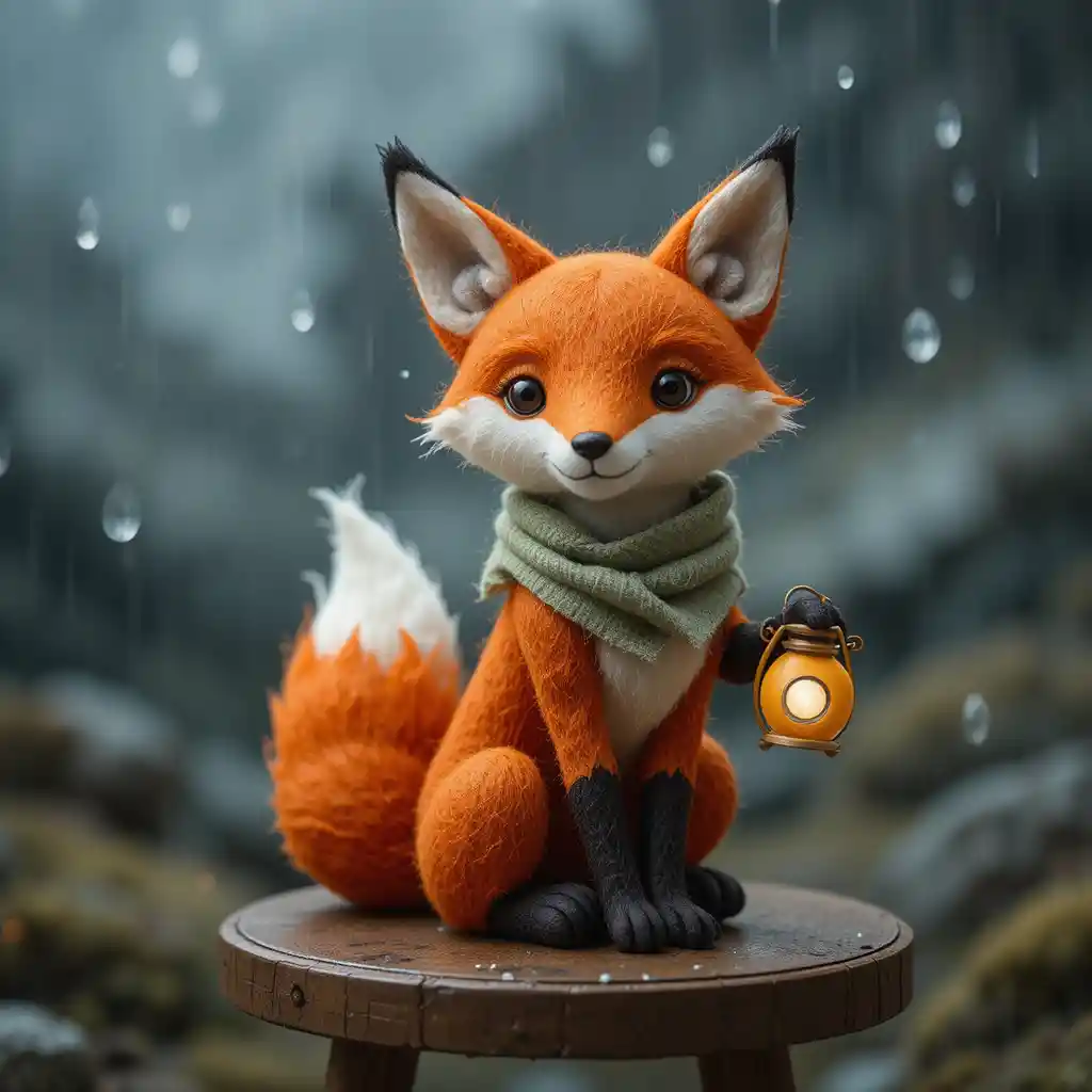 Adorable renard en feutre avec lanterne sur un petit tabouret brun
