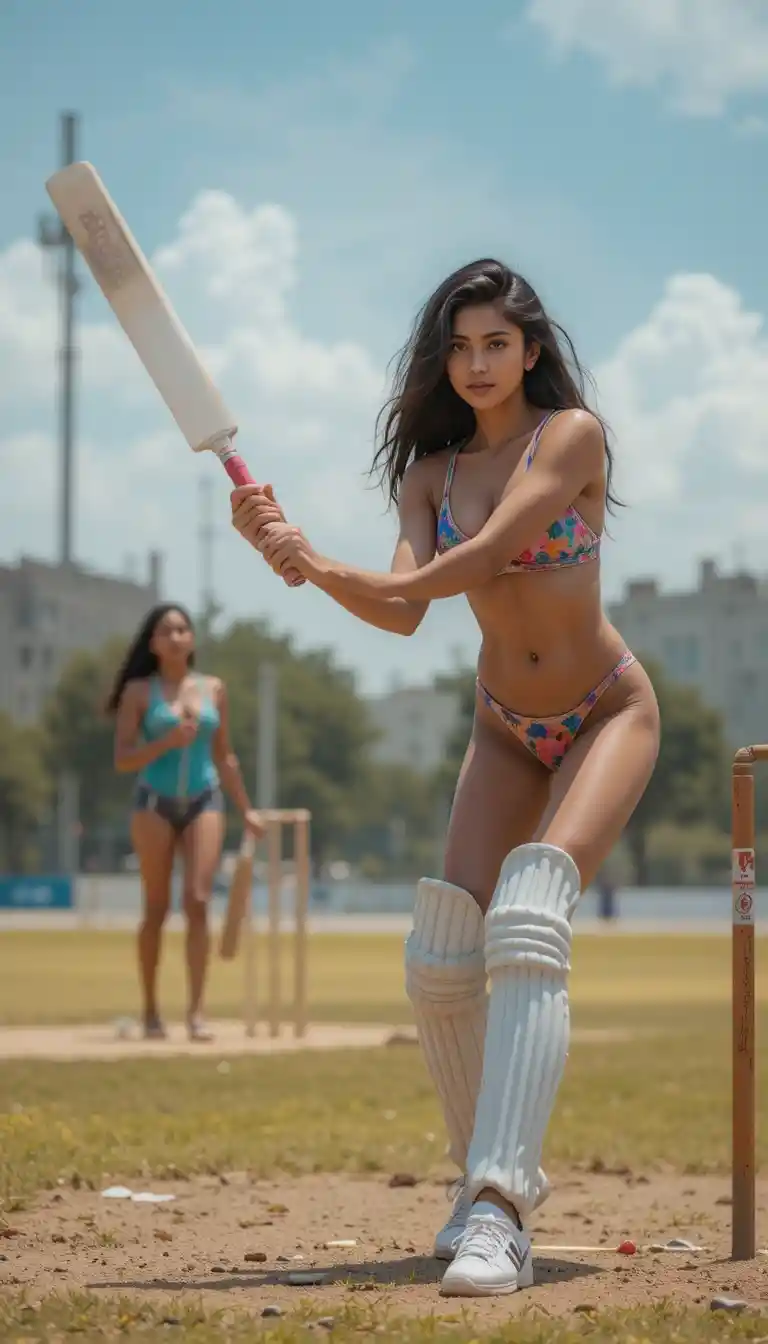 Joven india en bikini bateando en un campo de críquet