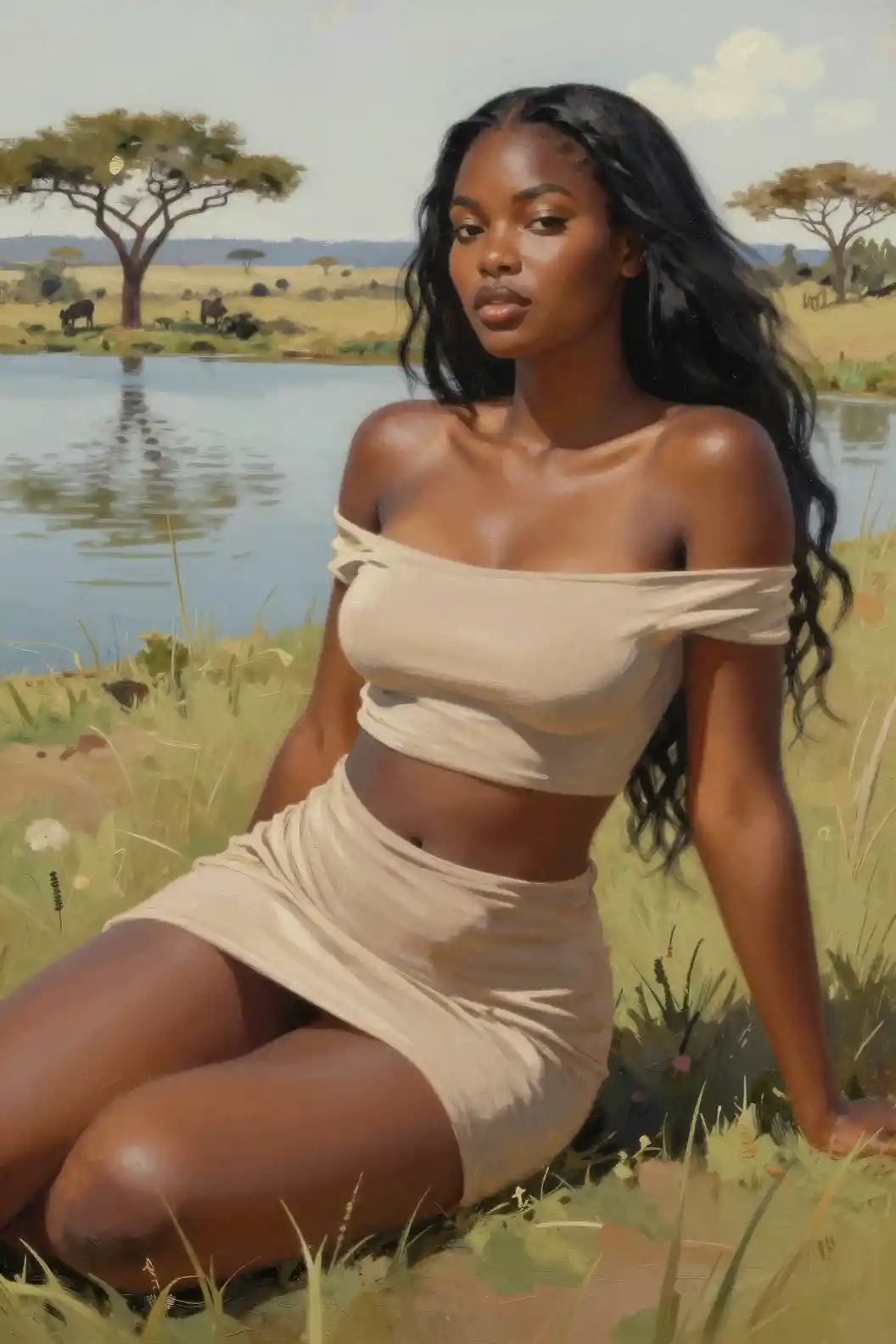 Mujer africana curvilínea descansando junto a un lago en la sabana de Kenia