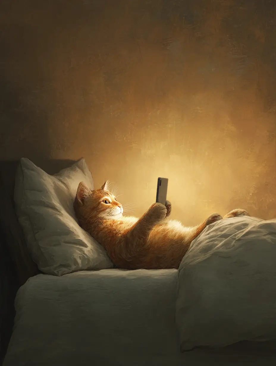 Cute realistic cat using a phone in bed at night