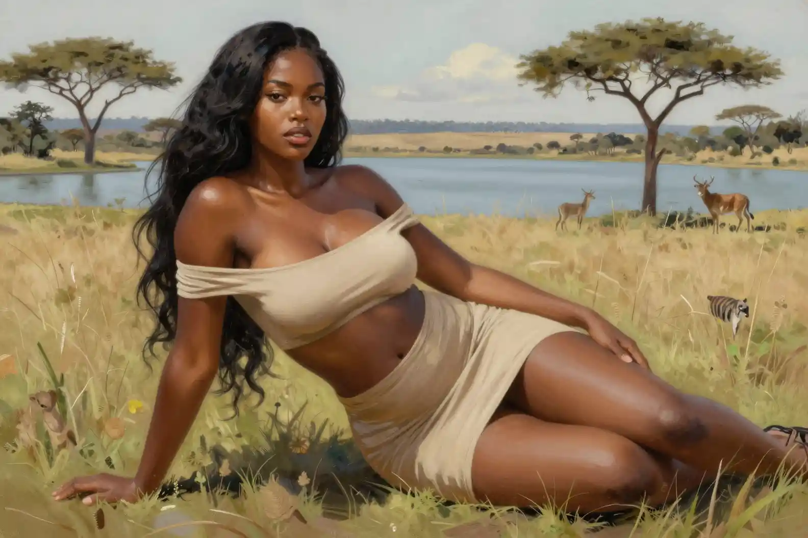 Donna africana formosa che si rilassa vicino a un lago nella savana