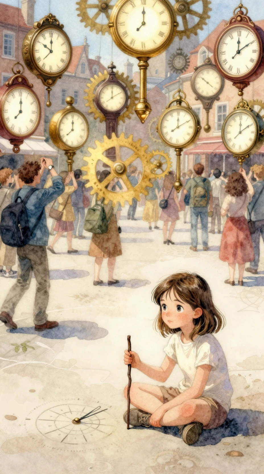 Fille sur une place avec des horloges flottantes en tourbillon