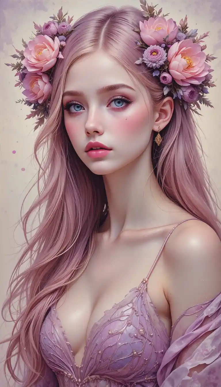 Ritratto di fanciulla in fiore con corone floreali e capelli fluenti