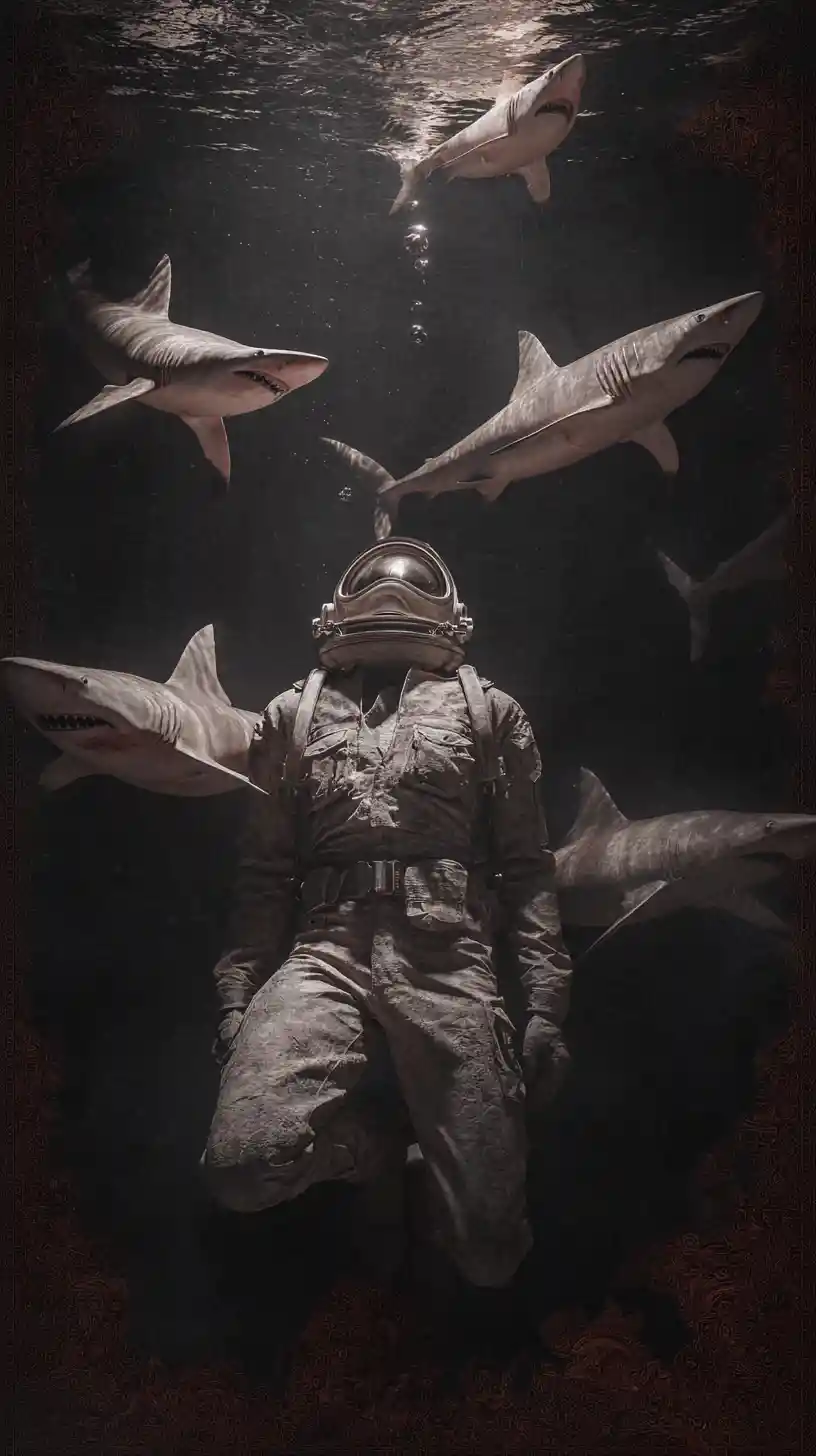 Surreal scene of roulette and sharks in an ominous tank