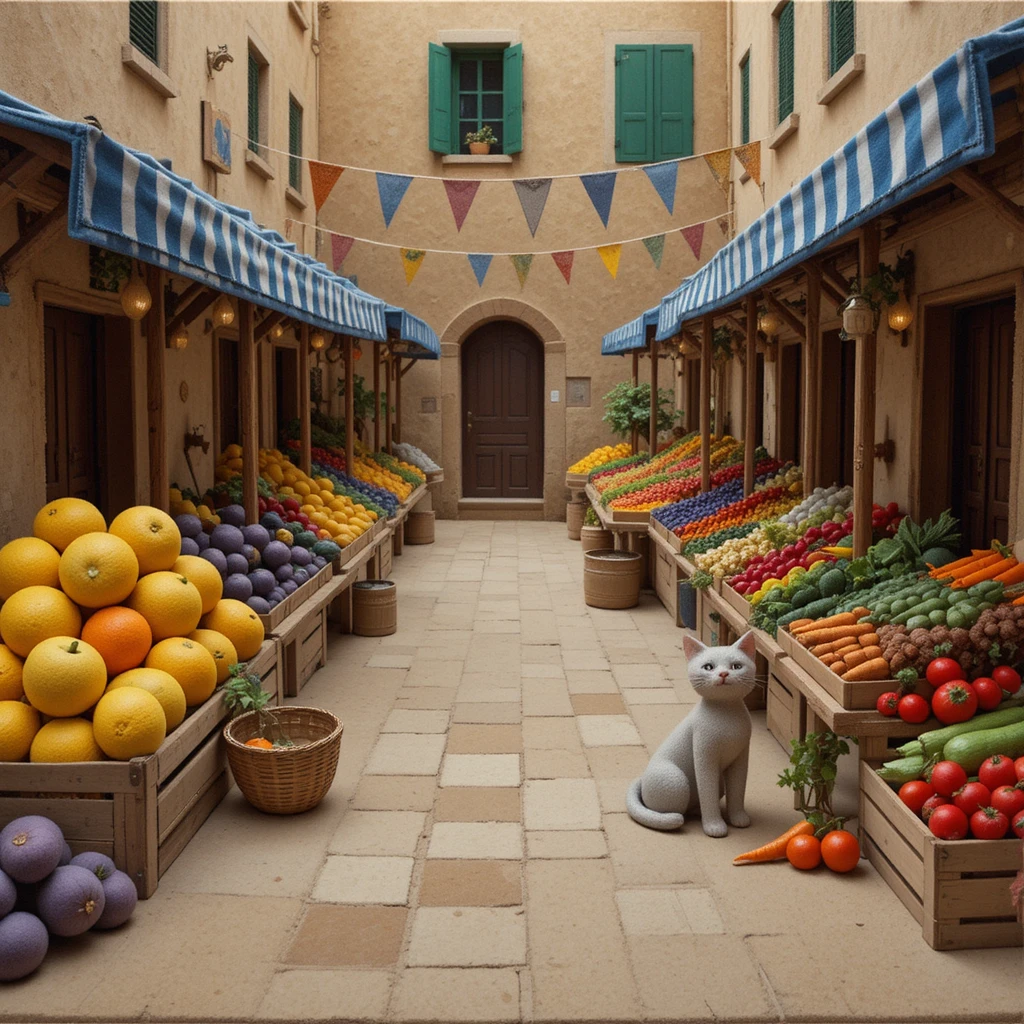 Felt Mediterranean market corridor with colorful fruit stalls
