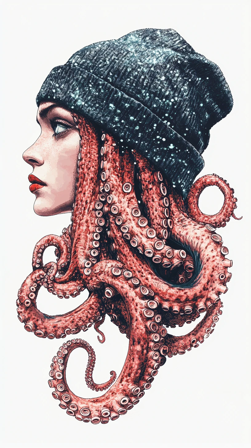 Surreal woman with octopus tentacles in modern graphic illustration