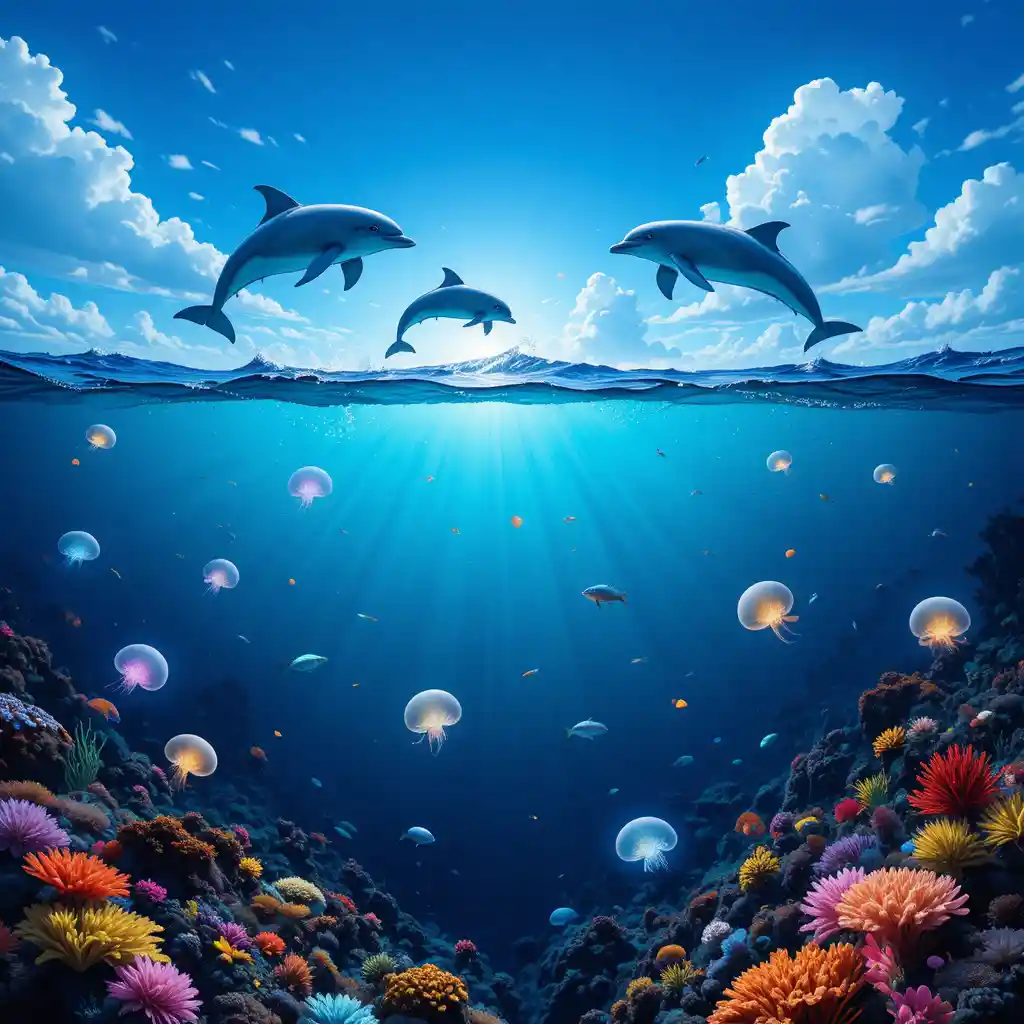 Dolphins And Jellyfish In A Split View Atlantic Ocean Scene