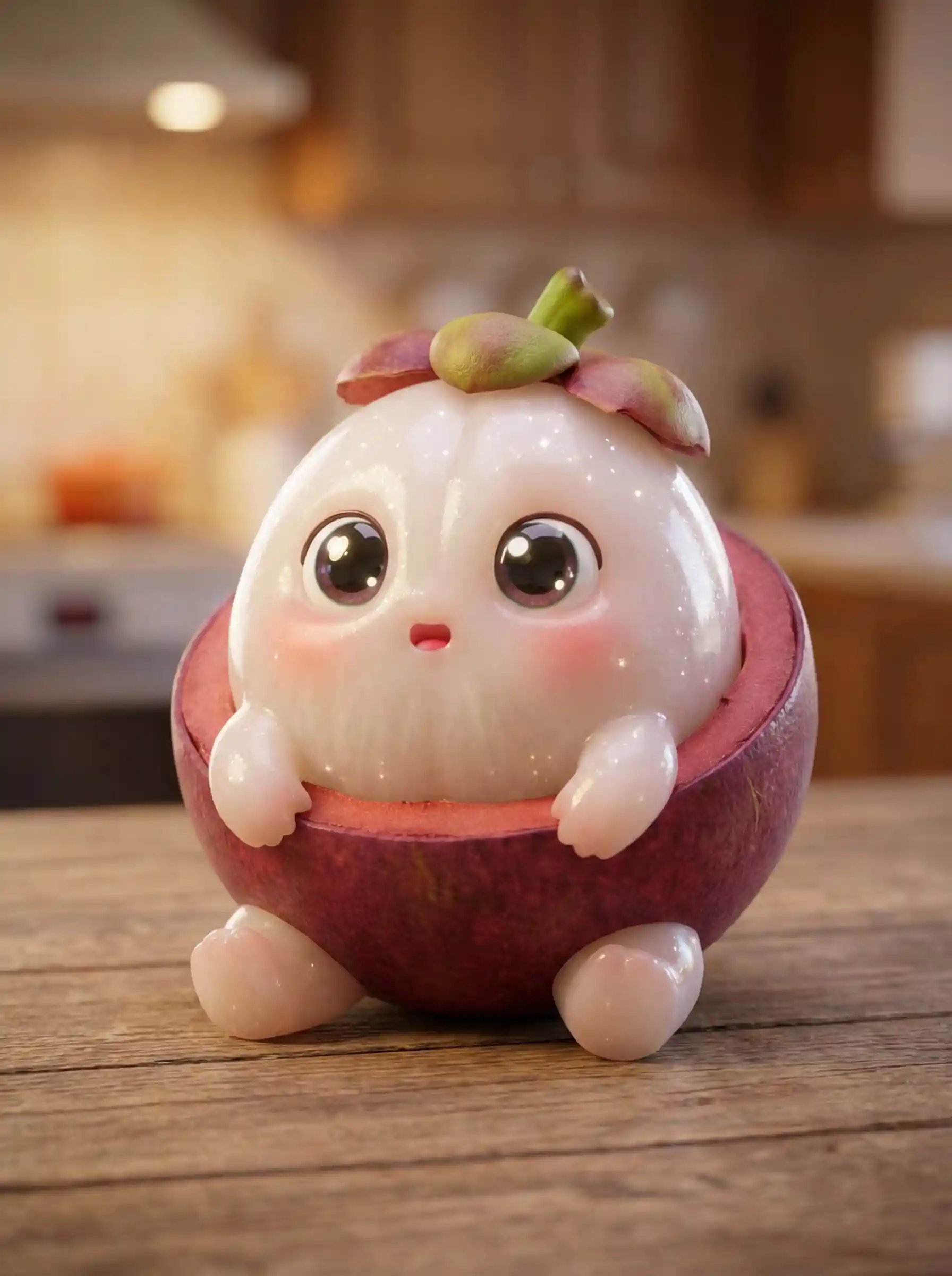 Adorable bébé mascotte mangoustan sur table en bois