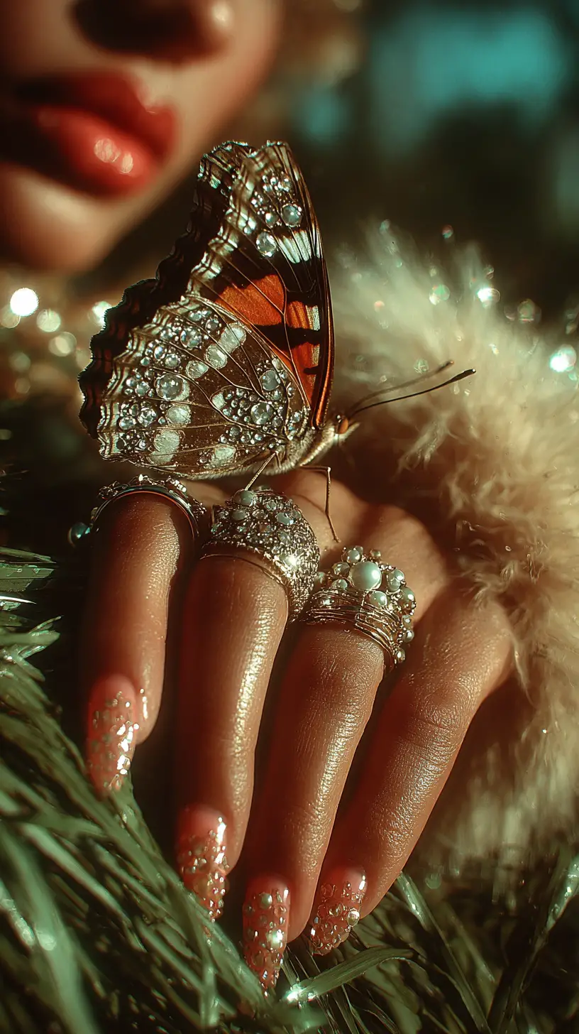 Delicate hand with long blue nails and butterfly