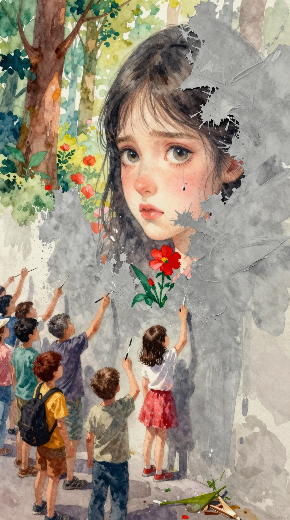 Watercolor girl uncovering a hidden red flower mural