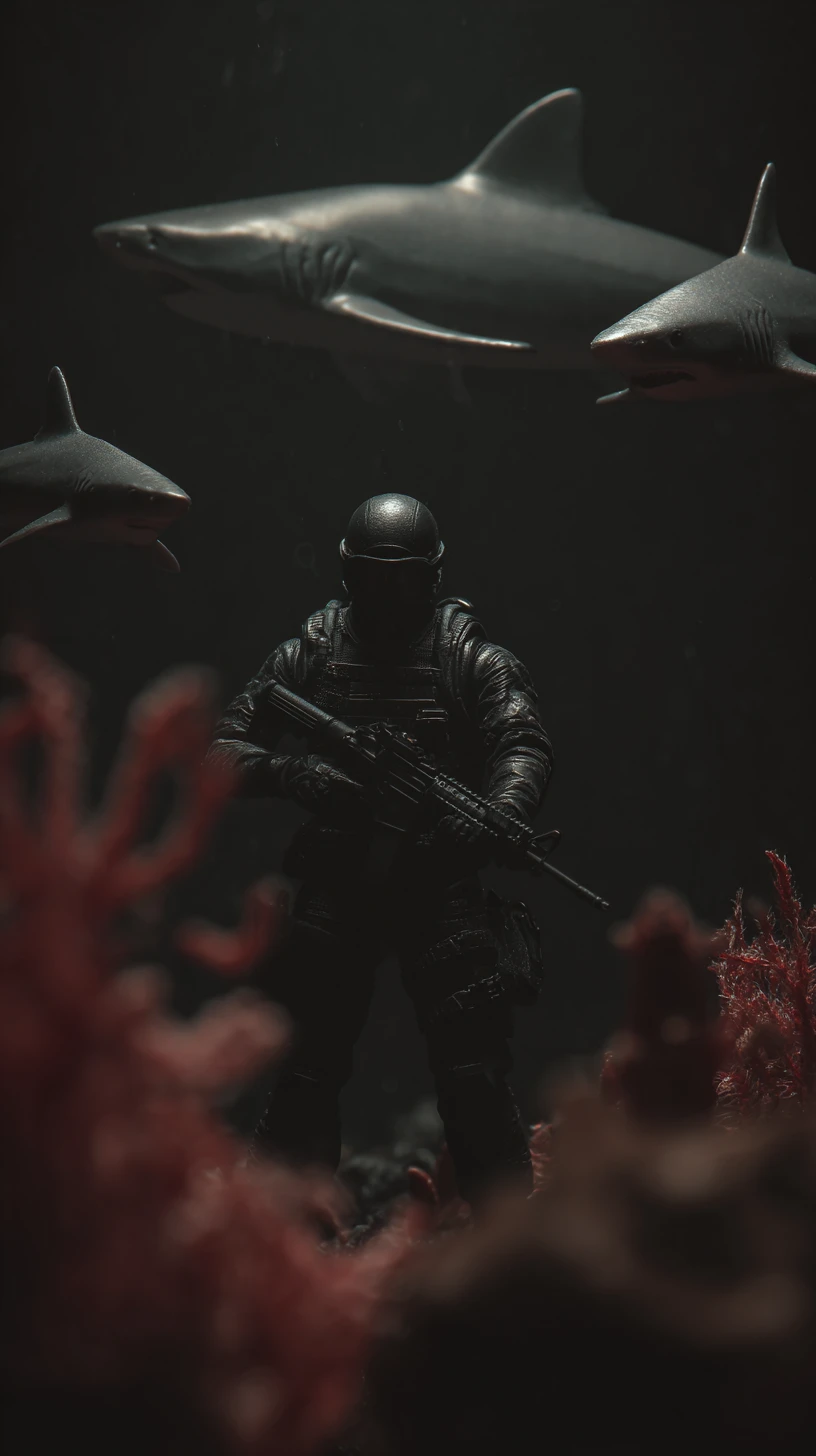 Man faces sharks in a surreal fantasy ocean scene