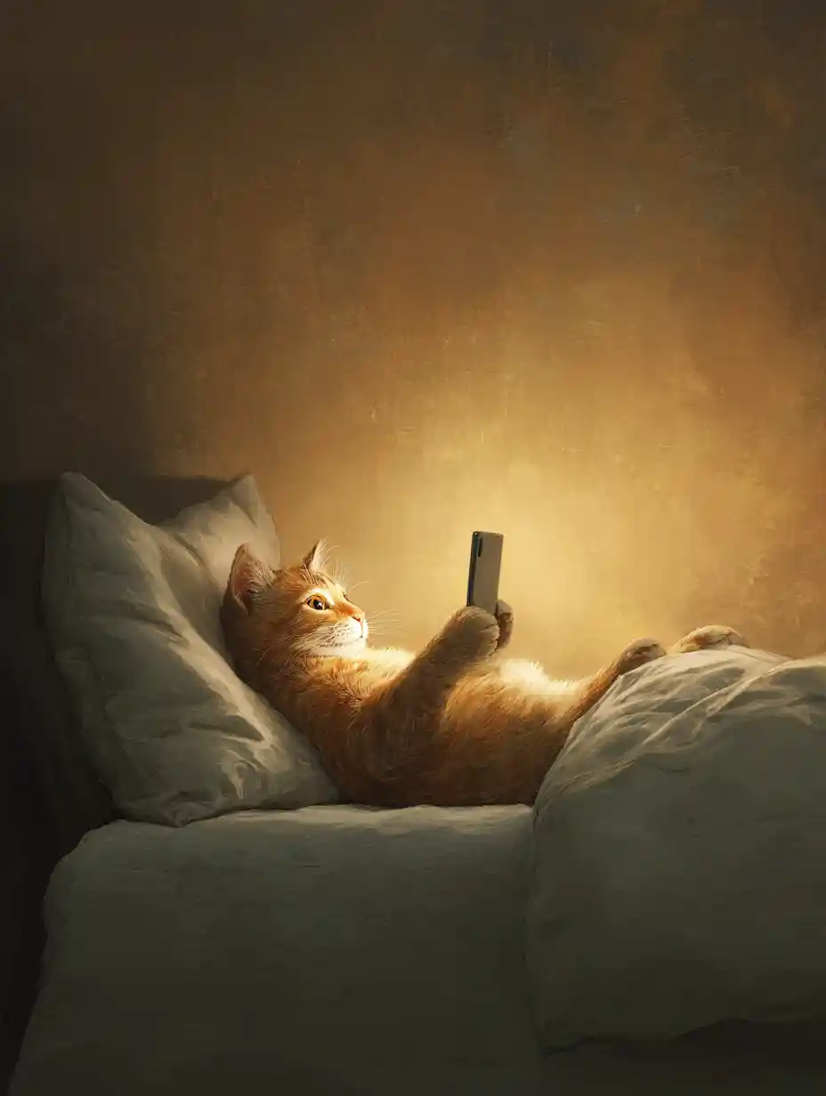 Cute realistic cat using a phone in bed at night